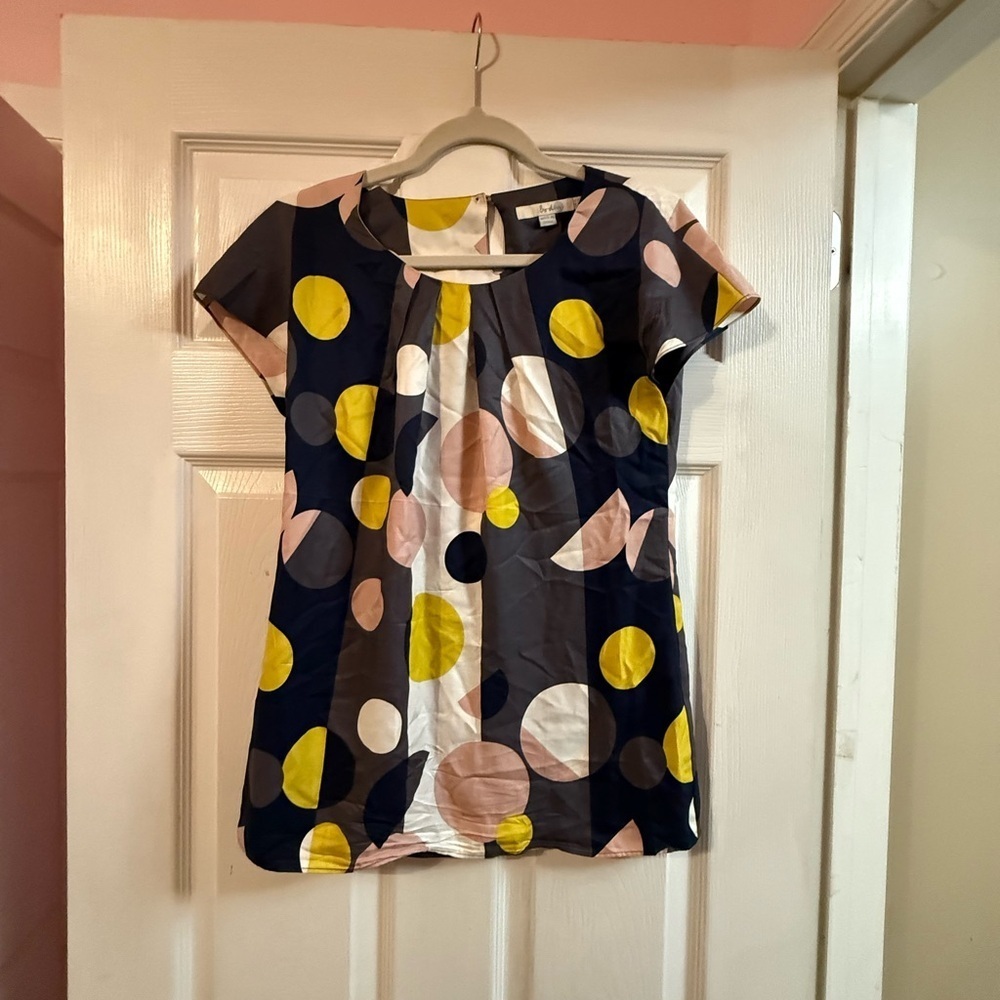 Boden Navy Blouse with Pink and Yellow Polka Dots